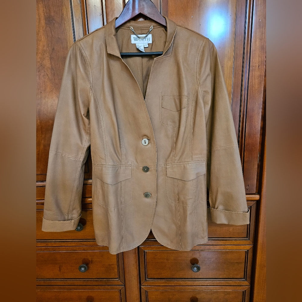WORTH leather light brown/camel blazer. Size 12. Never worn.